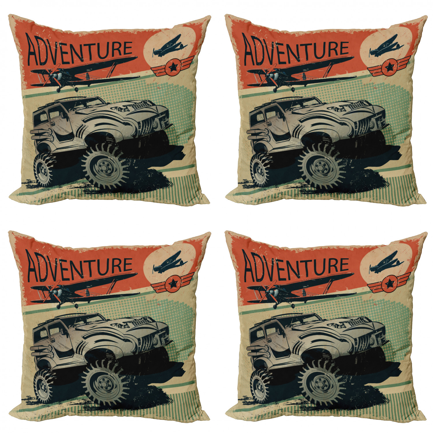 Adventure Throw Pillow Cushion Case Pack of 4, Aged Damaged Display