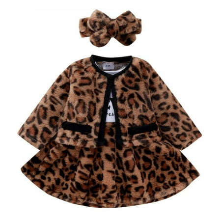 

SYNPOS Toddler Baby Girl Clothes Fall Winter Leopard Outfit Long Sleeve Dress Plush Coat Outwear Set 9-12 Months
