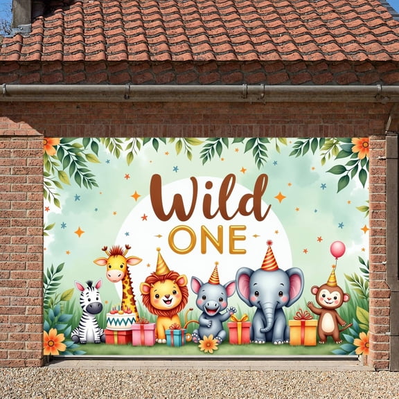 Safari Animals Wild One Banner Colorful Design Safari Animals Display Cartoon Characters Party Hats First Birthday Backdrop for First Birthday Party Kids Celebration Photo Backdrop