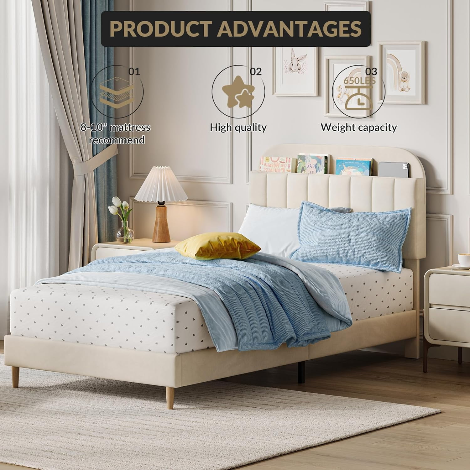 COZONY Twin Bed Frame, Velvet Upholstered Platform Bed w/ Bookcase Headboard, No Box Spring Needed, Noise-Free, Beige