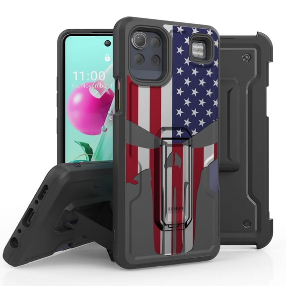 ANJ  Rugged Hybrid Shockproof Case w/Kickstand   Holster Clip Card Slot Cover for LG K92 5G - American Skull