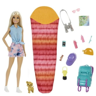 Barbie Malibu Doll & 10  Accessories, Camping-Theme Set with Puppy, Sleeping Bag & More