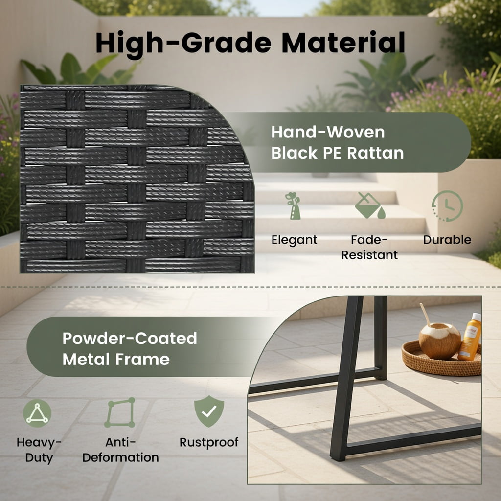Hommoo 3-Piece Modern PE Rattan Patio Furniture Set with Tempered Glass Coffee Table, Heavy-Duty Outdoor Seating for Balcony, Porch & Small Spaces, Black