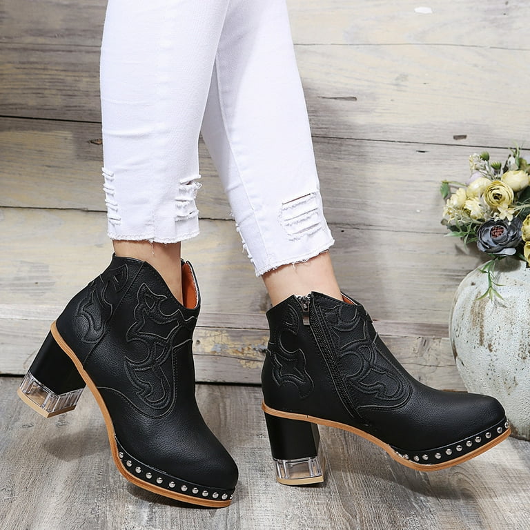 Herrnalise Ankle Boots Women Buckle High Heel Slip Pointed Toe Winter  Chunky Ankle Boots Back Zipper Shoes Shoes Women