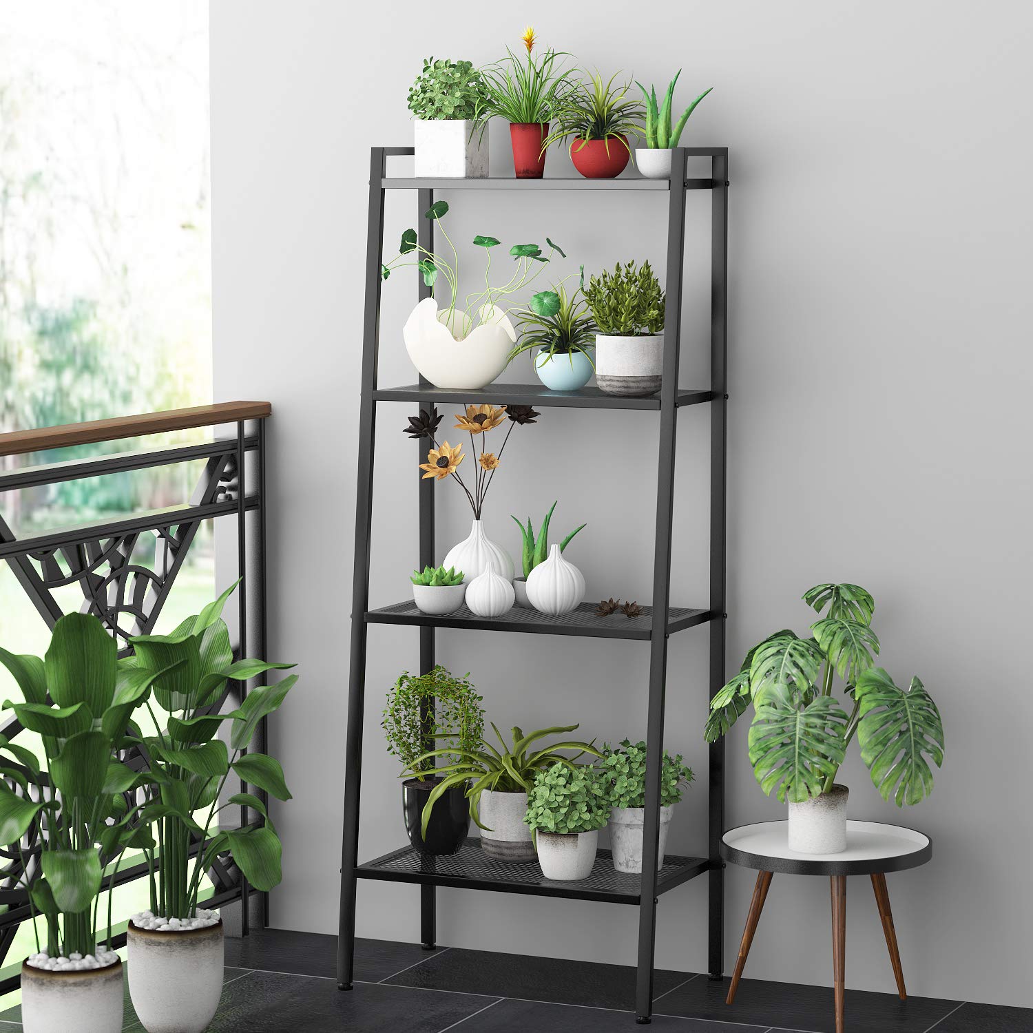 4Tier Ladder Shelf Bookcase, Metal Shelving Unit Flower Stand Plant