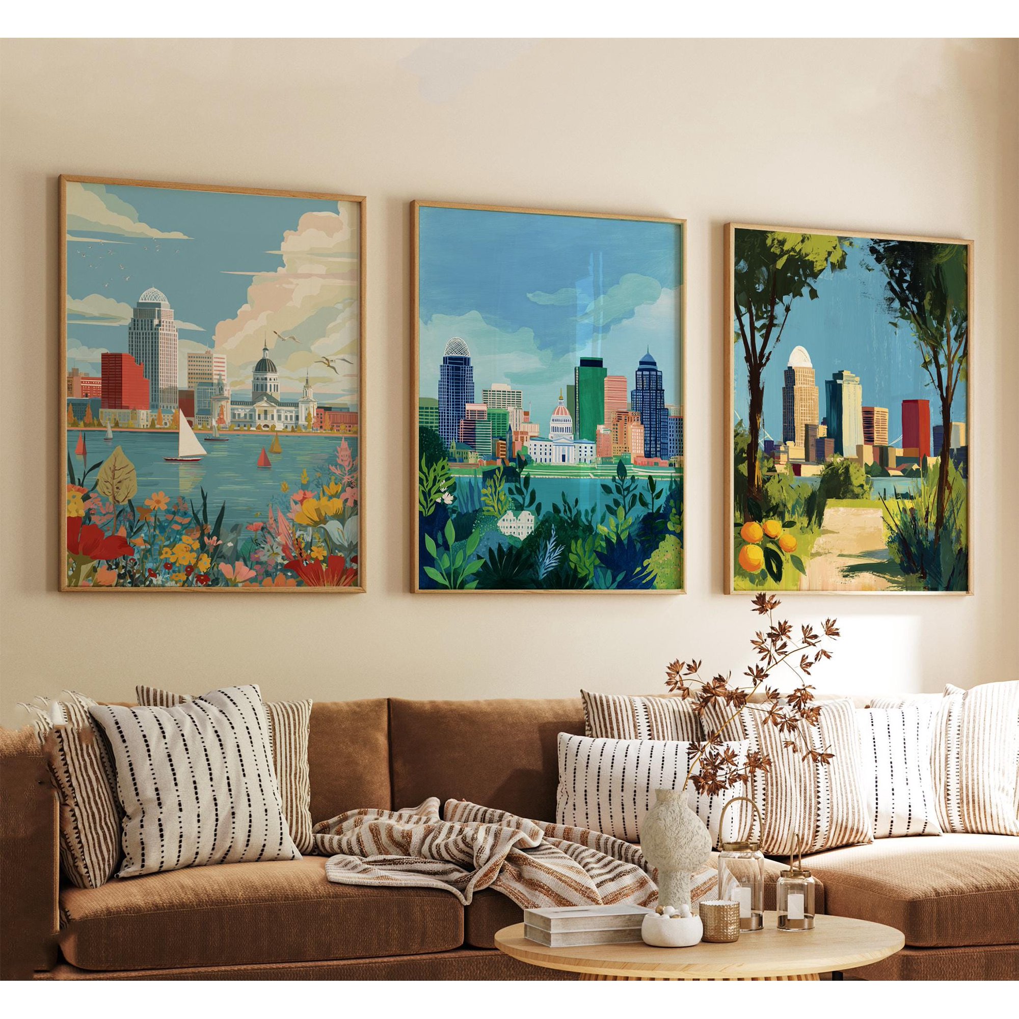 Louisville Kentucky Poster City Travel Wall Art Usa Riverfront Skyline Print Vintage Minimalist Style Set 3