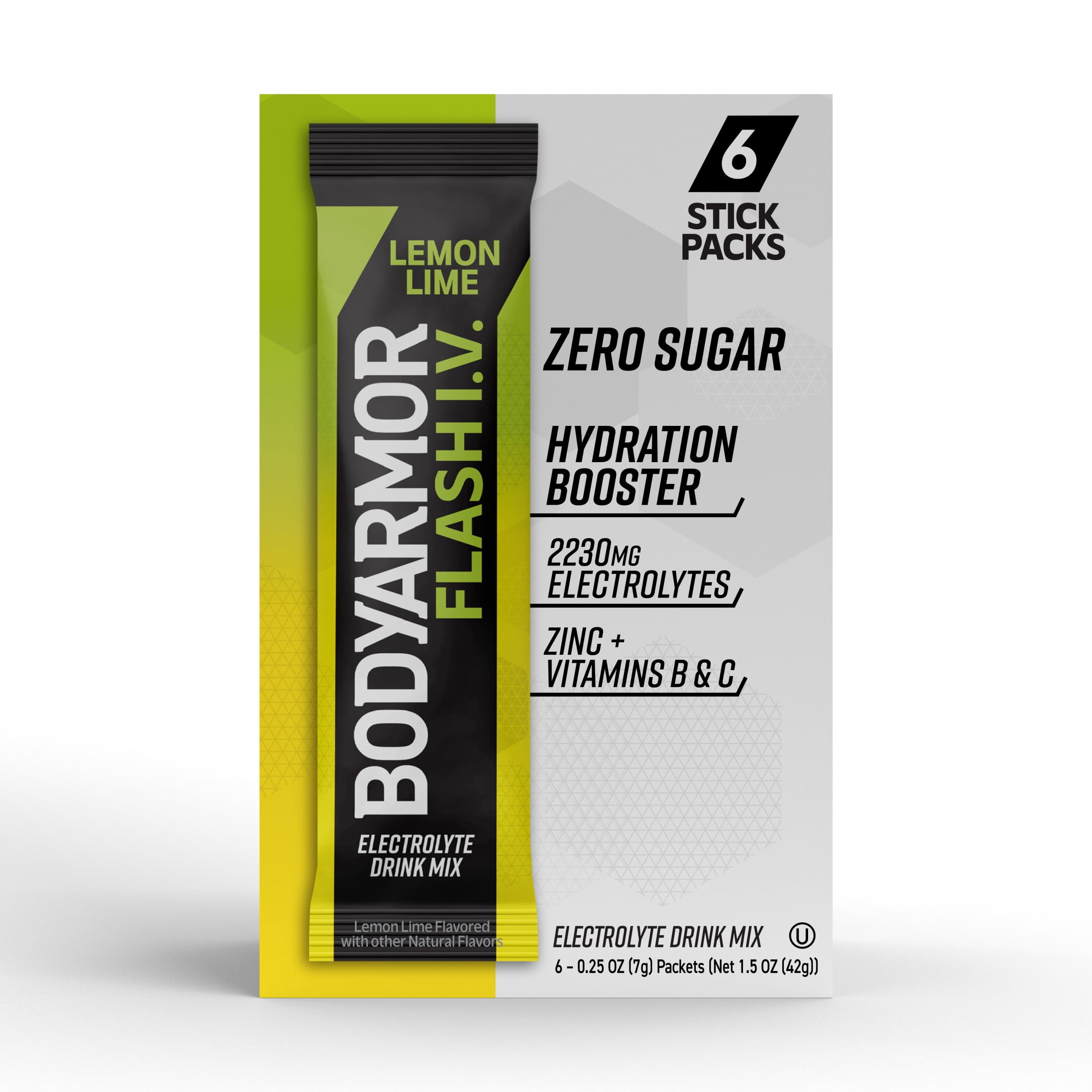 BODYARMOR Flash I.V. Lemon Lime Zero Sugar Electrolyte Powder Mix, 0.25 dry oz, 6 Pack
