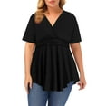 thumbnail image 4 of Gocolloa Plus Size Tops for Women 2025 Summer Short Sleeve V Neck Casual Shirts Dressy Pleated Wrap Tunic Top Blouses Black 2X, 4 of 5