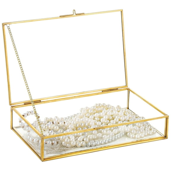 Golden Clear Glass Jewelry Box, Vintage Glass Keepsake Container, Rectangle Clear Jewelry Display Box, Photos Cards Shadow Lidded Box, 8.7" x 5.3" x 1.8" Large Clear Trinket Organizer