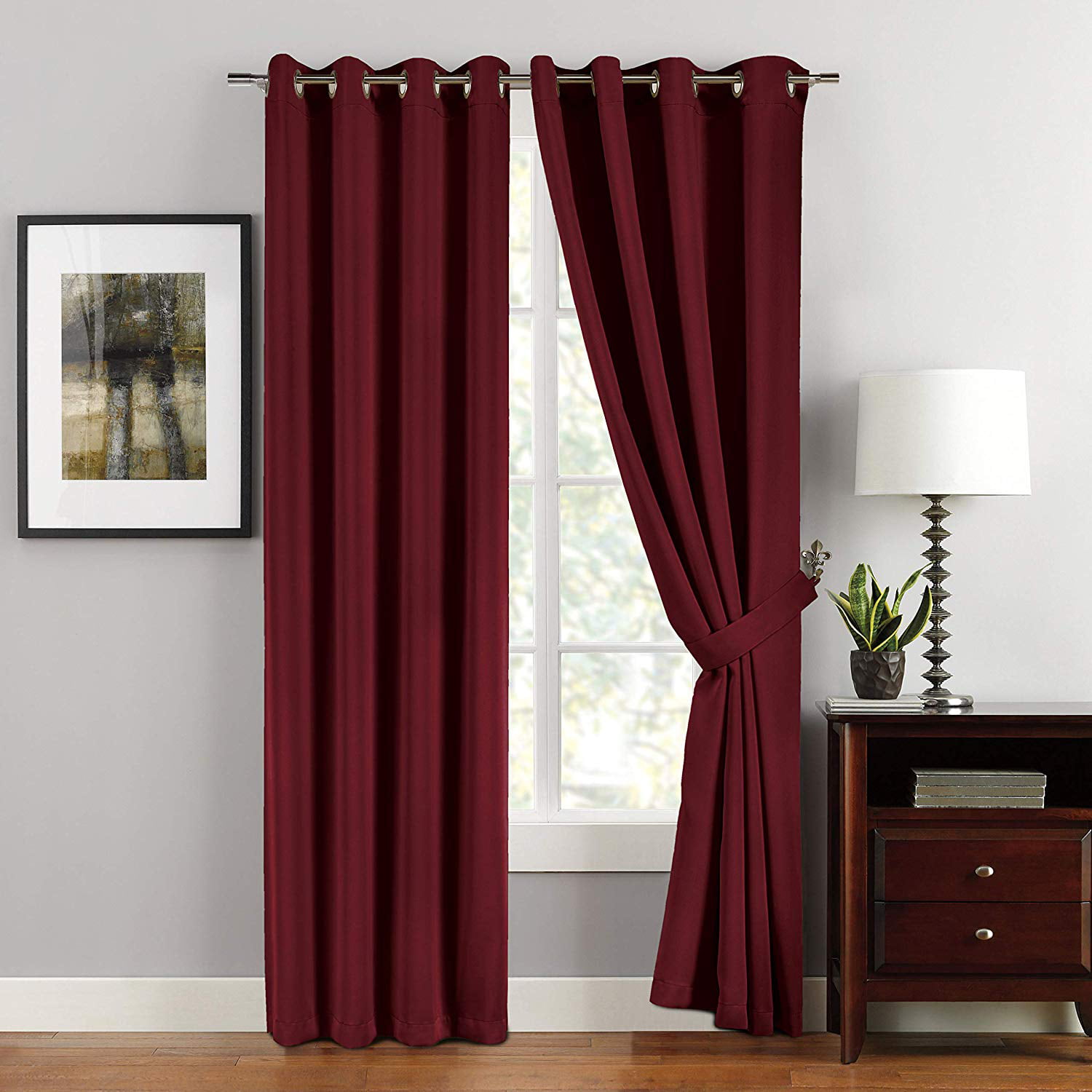 Chezmoi Collection Burgundy Thermal Blackout Grommet Top Curtain Set of