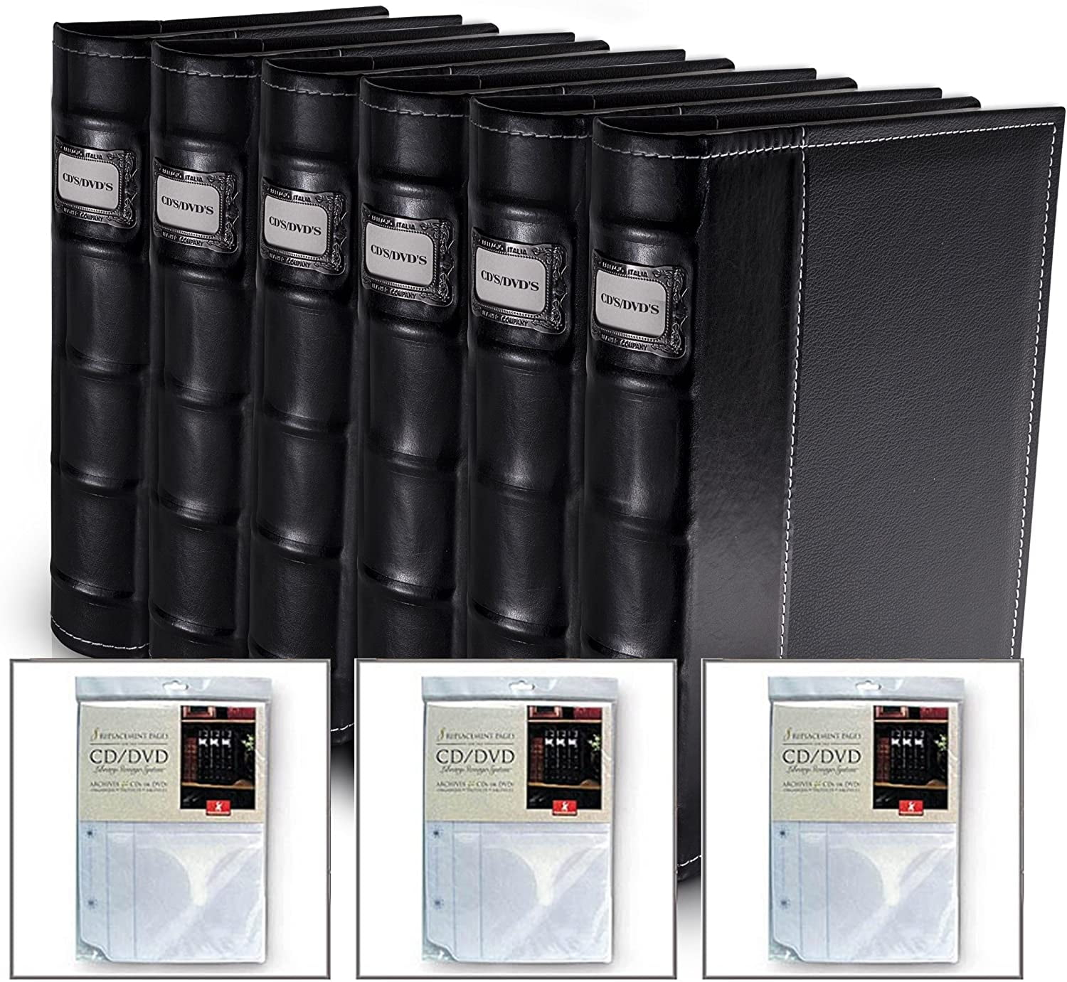 BellagioItalia CD/DVD Storage Binder Set Black Leather 6 Pack