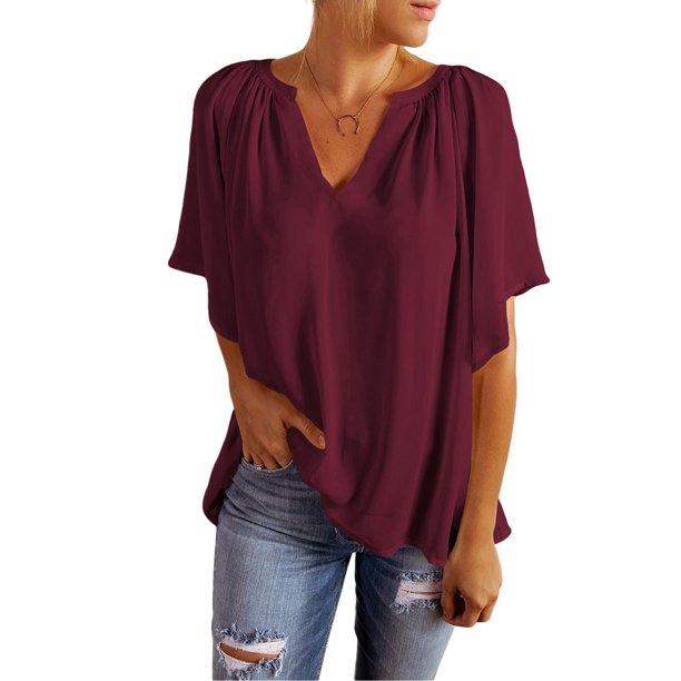 VISgogo Tops de manga corta para mujer con color sólido, versión suelta, estilo casual, ropa de verano plisada VISgogo moda