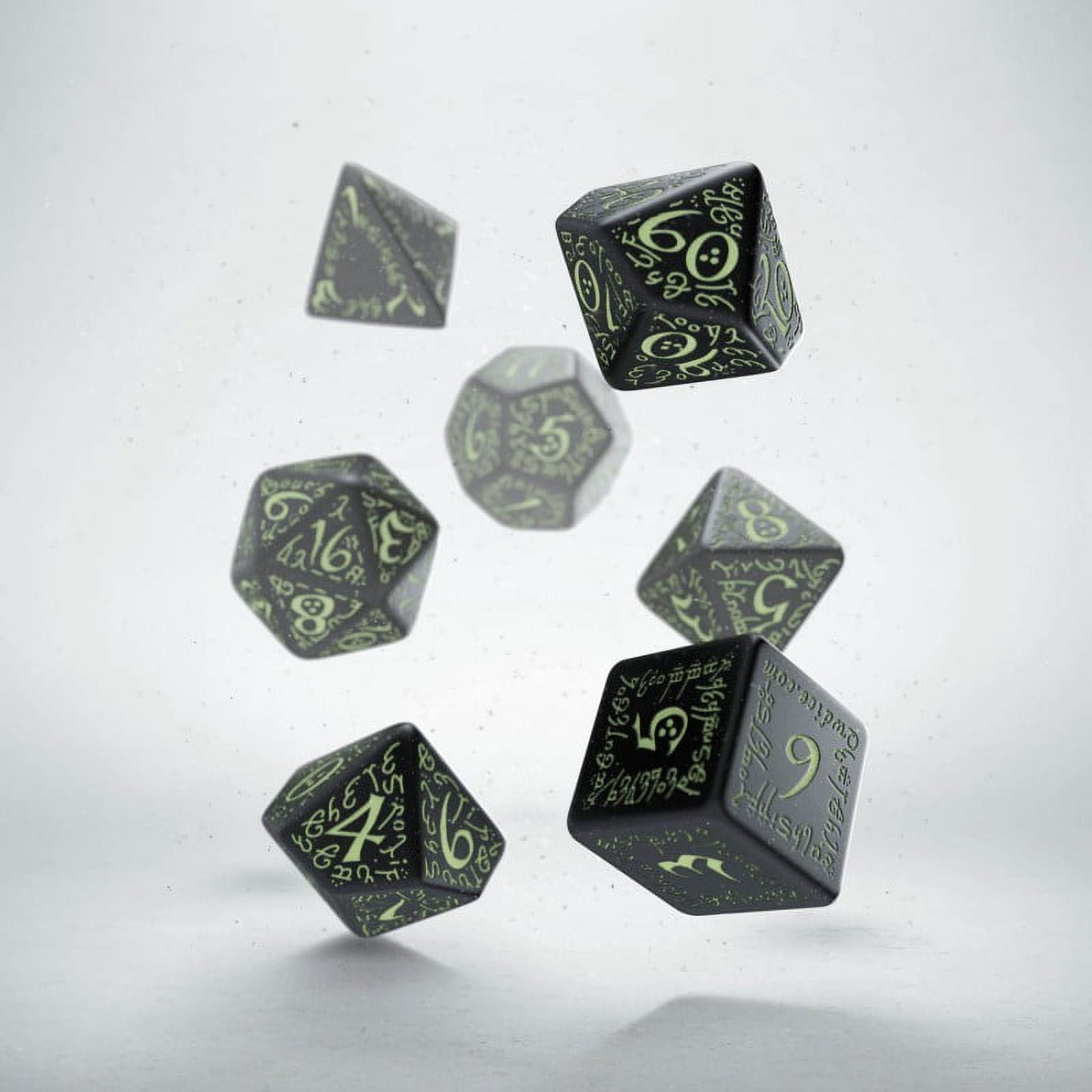 Q-Workshop Polyhedral 7-Die Set: GLOW IN DARK Carved Elvish Dice