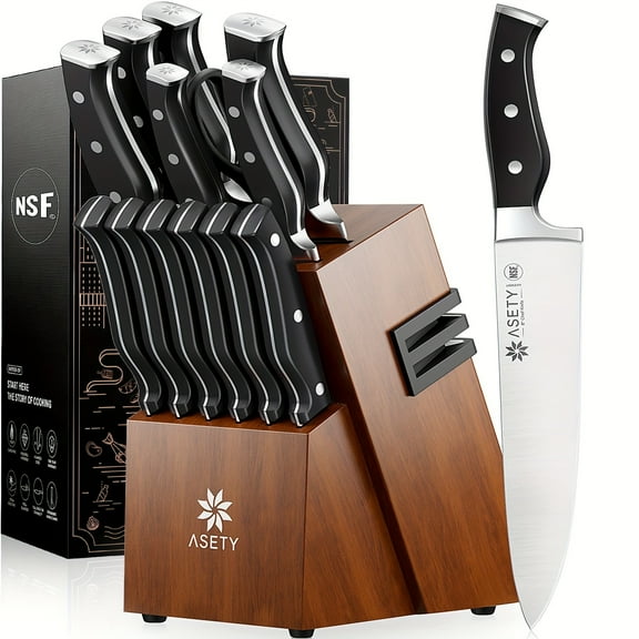 Shining 15-Piece Kitchen Knife Set with Sharpener Block, German Stainless Steel Knives, NSF Certified, Dishwasher Safe, Ideal Gift