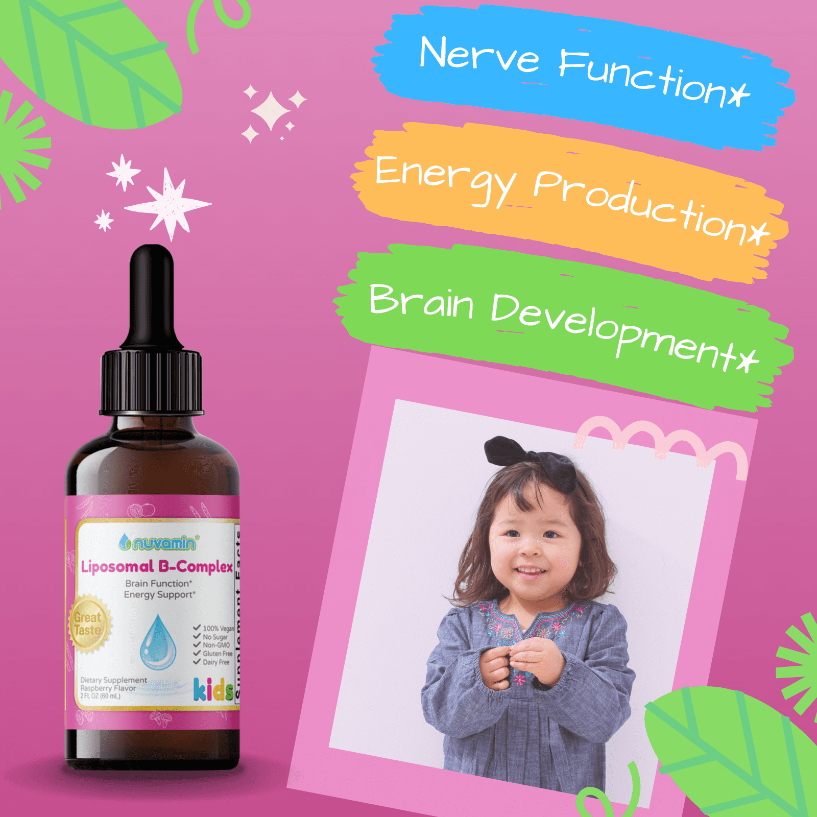 Nuvamin – Liquid Liposomal B-Complex Drops for Kids Baby Toddlers & Adults, 2Fl.Oz (60ml), 120 Daily Serving. B1, B2, B3, B5, B6, B7, B9, B12 Great Taste - Natural - High Absorption, Raspberry Flavor