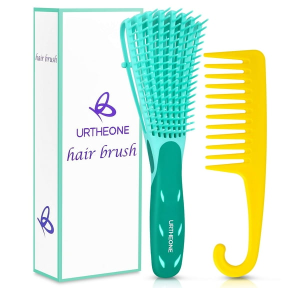 Detangling Hair Brush Wide Tooth Comb Set for Black Natural Curly Wet Dry Thick Long Hair Afro American Type 3a-4c, Comfortable Grip Easy to Clean