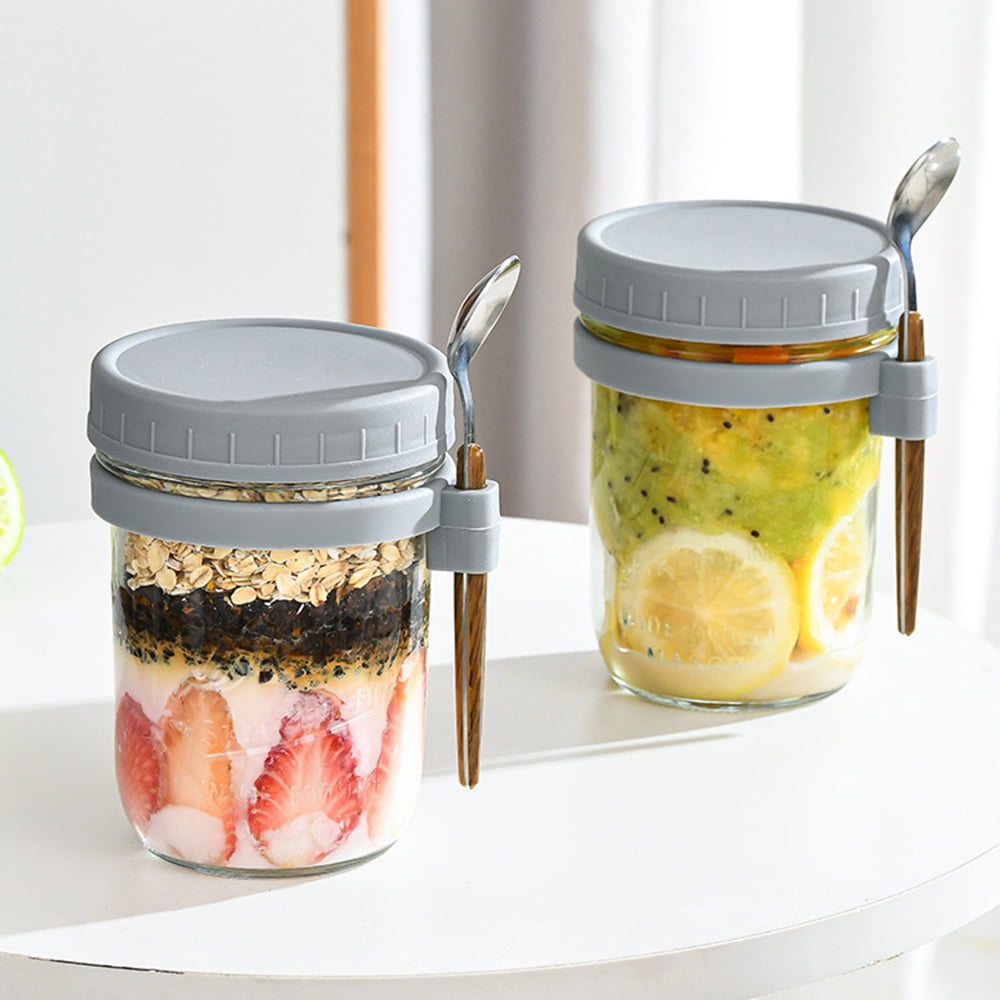 1PC,350ml Overnight Oats Containers With Lid And Spoon,Large Capacity  Airtight Overnight Oats Jars With Measurement Marks, Reusable Glass Cups  For