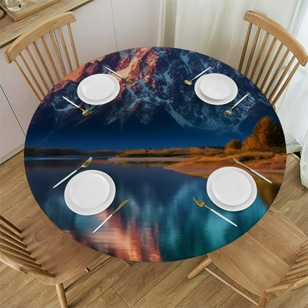 

FACANNAP Mountain Range Lake Sunset Round Table Cover Outdoor Picnic Camping Indoor Kitchen Dining Party 100% Polyester Fiber 46-50