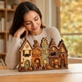 thumbnail image 4 of Vintage Multi Ghost House Wooden Tabletop Decor Halloween Village Ornament with Built in Light Pumpkin and Black Cat for Home Shelf Display, 4 of 8