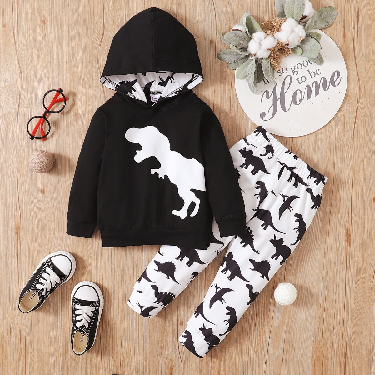 Toddler Boys Outfits 4T Toddler Boy Autumn Winter Outfits 5T Toddler Boy Black And White Dinosaur Print Hooded Long Sleeve Top + Pants 2PCs Set