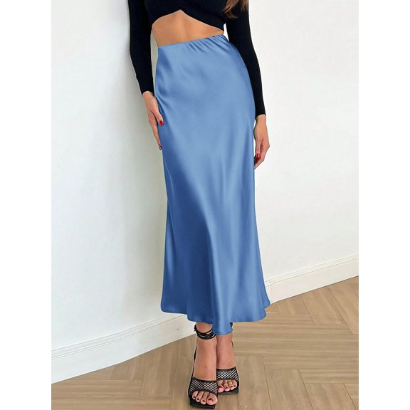Blue Satin High Waist A-Line Midi Skirt Women Elegant Flare Skirt