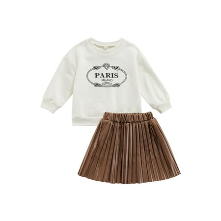 

Bebiullo Autumn Toddler Baby Girl Skirt Set Long Sleeve Round Neck Letter Shirt Tops Elastic Waist Skirt Set Beige for 2-7 Years
