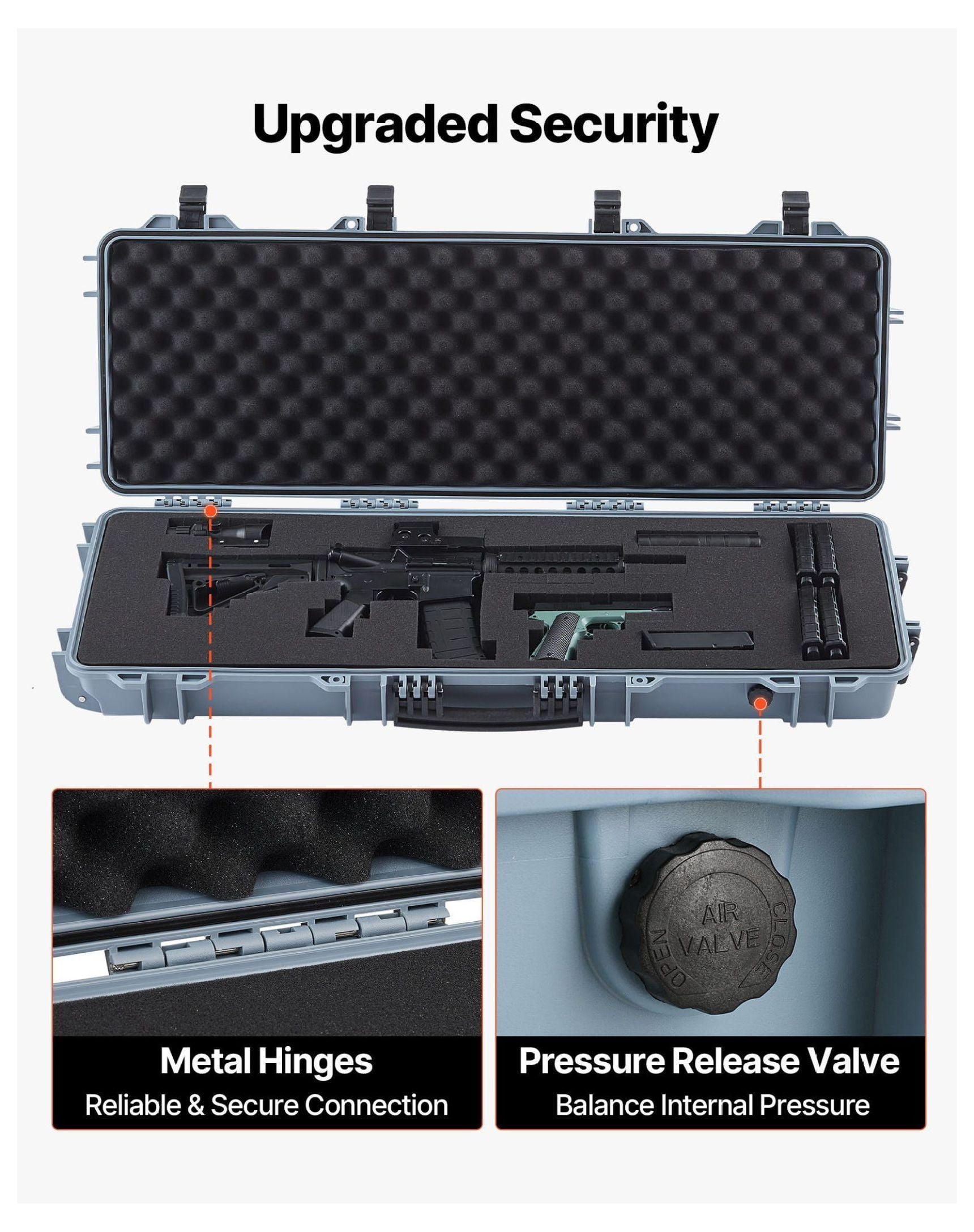 Rifle Case Lockable with Wheels, 40in Gun Storage, Waterproof Hard Case for Rifles Shotguns, Pre-Cut Foam Interior, Portable Pistol Case - Grey