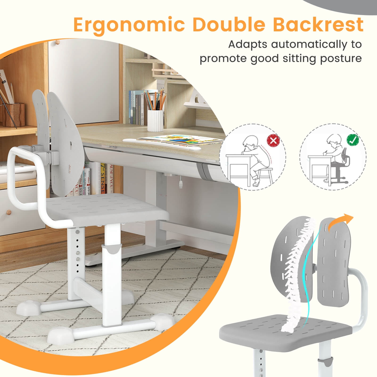 Costway Kids Desk Chair with Adaptive Double Backrest, Adjustable Height, Breathable Seat Gray