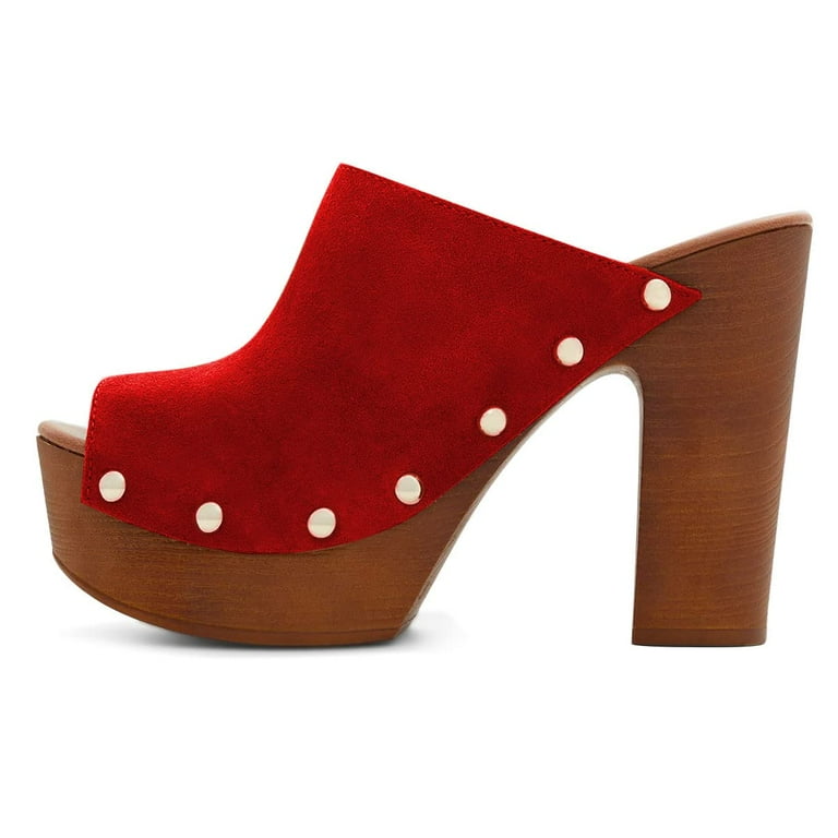 YDN Women Peep Toe Platform Slip on Mules Studded Chunky High Heel