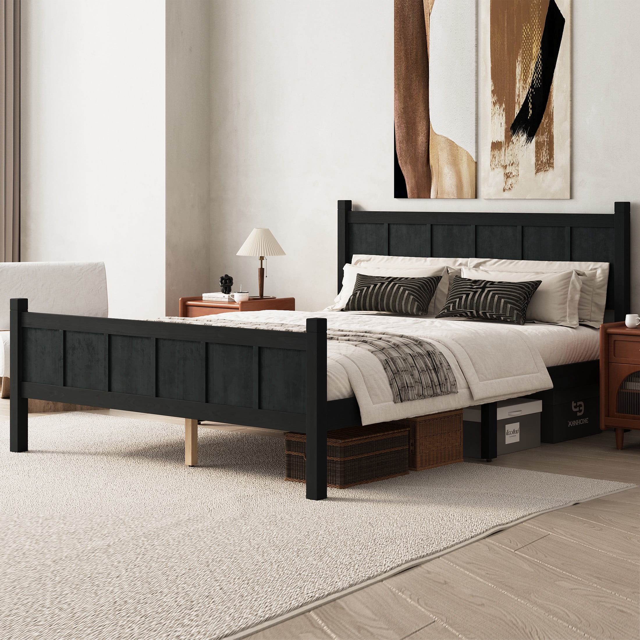 Noble House Queen Platform Bed with Headboard and Footboard, Wood Frame, Black