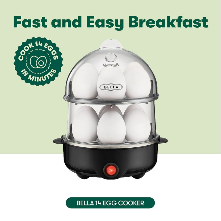 BELLA Rapid Electric Egg Cooker and Omelet Maker with Auto Shut Off for Easy to Peel Poached Eggs Scrambled Eggs Soft Medium and Hard Boiled Eggs 14 Egg Capacity Tray Double Tier Black
