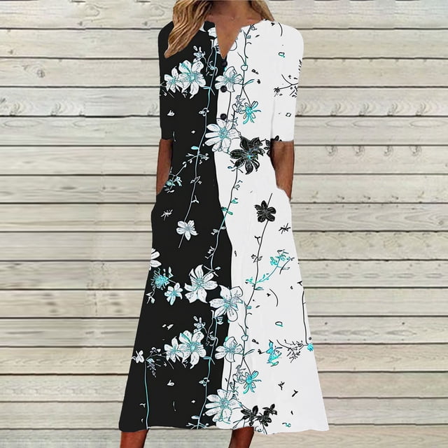 Ovzne Robes d'Été pour Femmes Robe pour Femme Robe Décontractée Ample Unie à la Mode Imprimée à Manches Courtes Col en V Mi-Mollet Robe à Manches Courtes Col en V Robe pour Femmes Manches Courtes