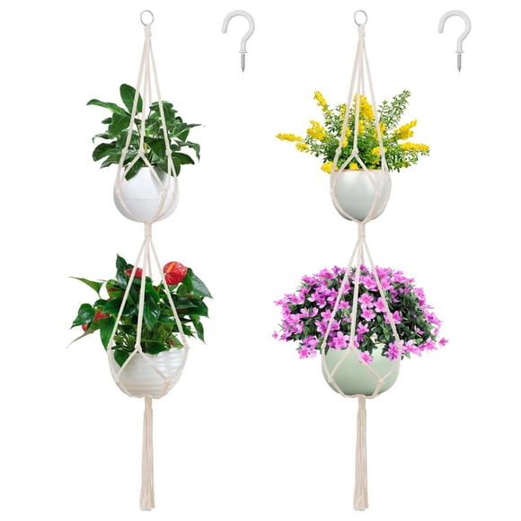 SNAIL GARDEN 2 Tier Macrame Plant Hanger, 2Pack Double Plant Hangers with Tassel Indoor Outdoor Han