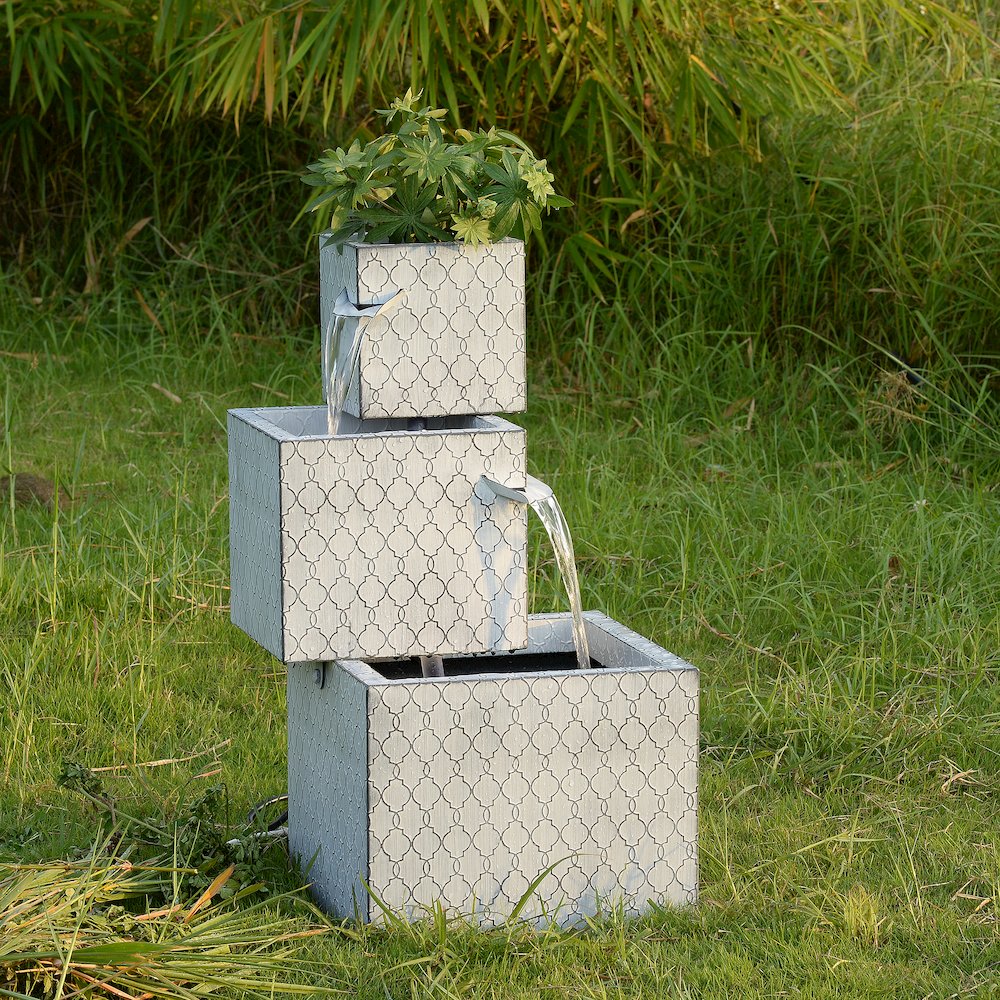 Hi-Line Gift Ltd 79533-H Rectangle 3 Tier Metal Fountain with Planter - Outdoor