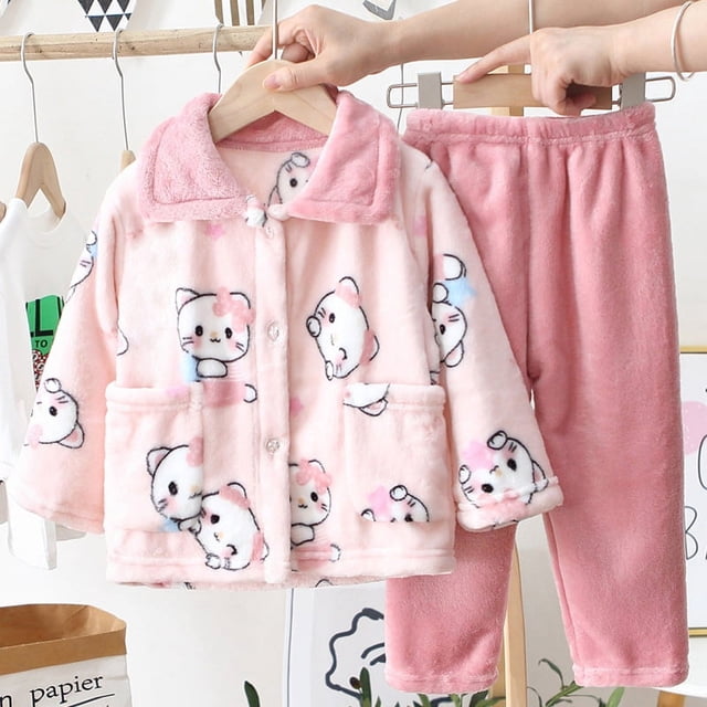 Pijamas de franela para niñas, forro polar grueso de invierno, ropa de casa de vellón coral para niñas, traje de otoño e invierno para niños