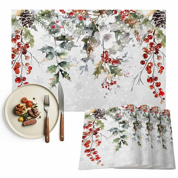 Watercolor Vintage Christmas Branch Placemats Set of 4, Winter Holly Berry Table Mats Washable Heat-Insulation Non-Slip Place Mats for Kitchen Dinner Table Indoor Outdoor Decor,13x19 Inch