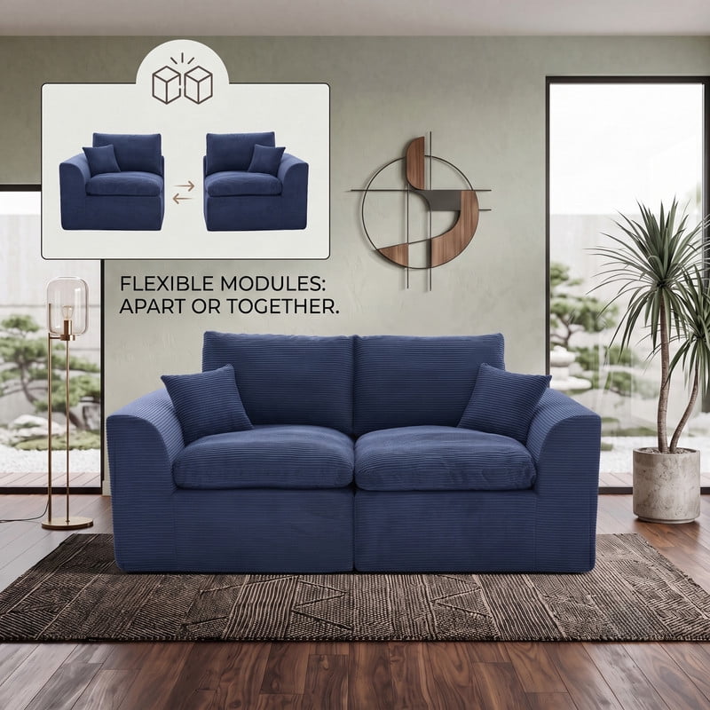 Gewnee Loveseat Sofa, Modular Cloud Couch, Corduroy 2 Seater Sofa with Removable Covers, No Assembly Required,Navy Blue
