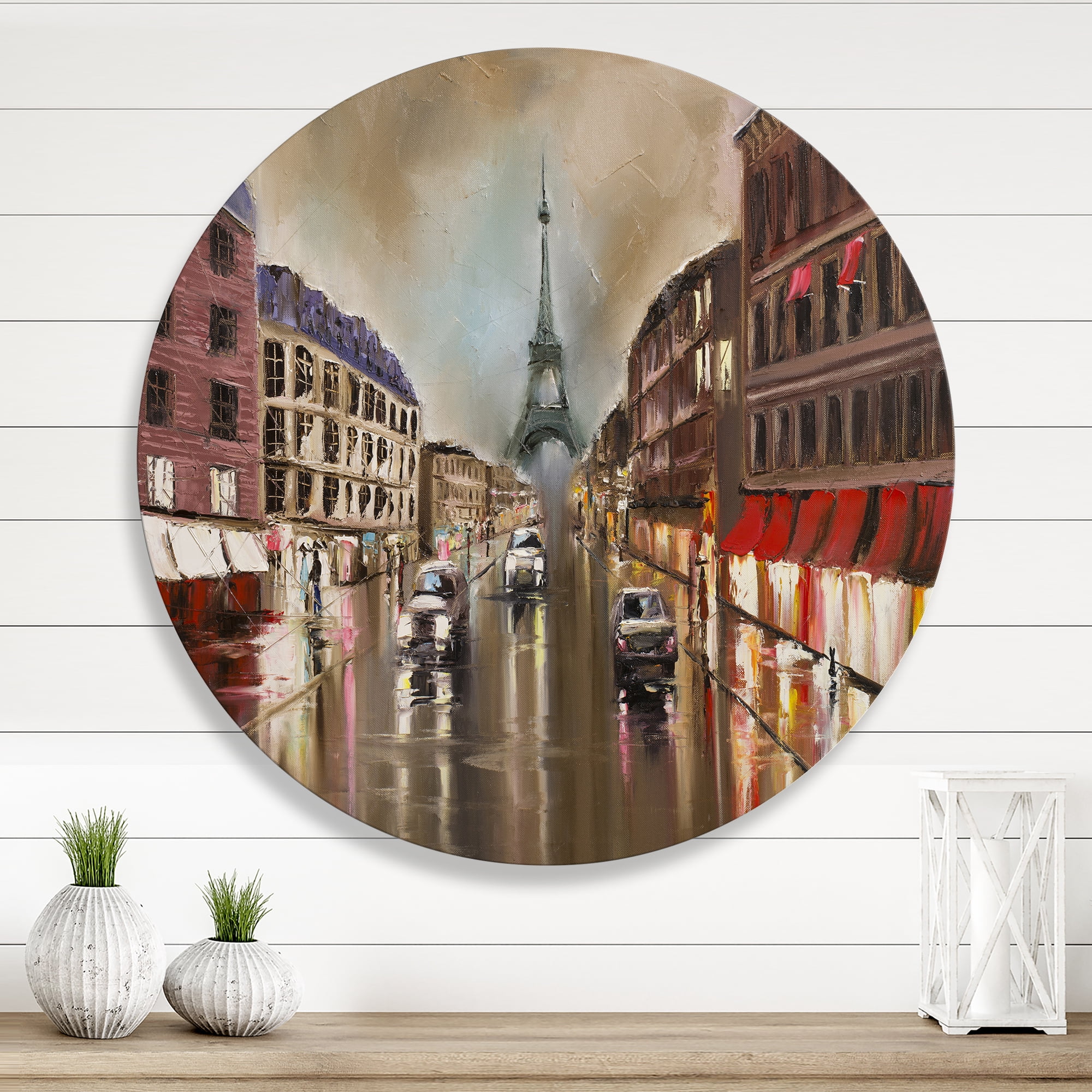 Designart 'Quiet Rainy Street In Gray Eiffel Tower Paris' Traditional Circle Metal Wall Art 11x11 - Disc of 11
