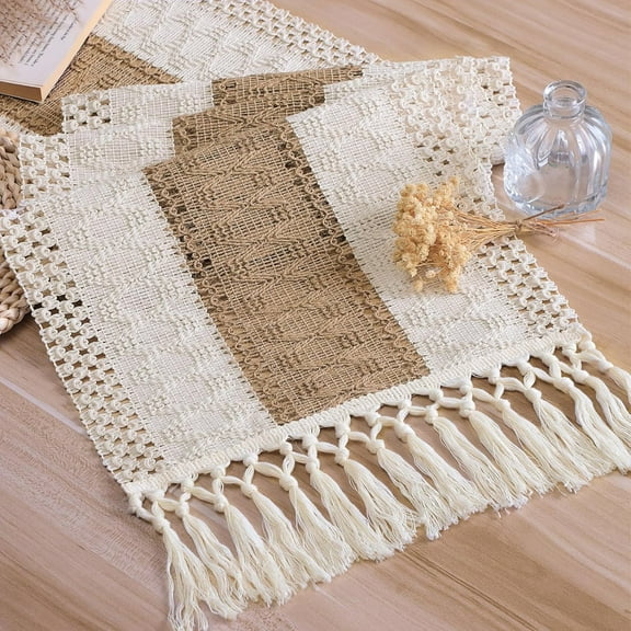 Linen Tassel Table Runner 72 in Long Farmhouse Rustic Table Runner Cream & Brown Macrame Table Runner with Tassels for Wedding Afternoon Tea Party