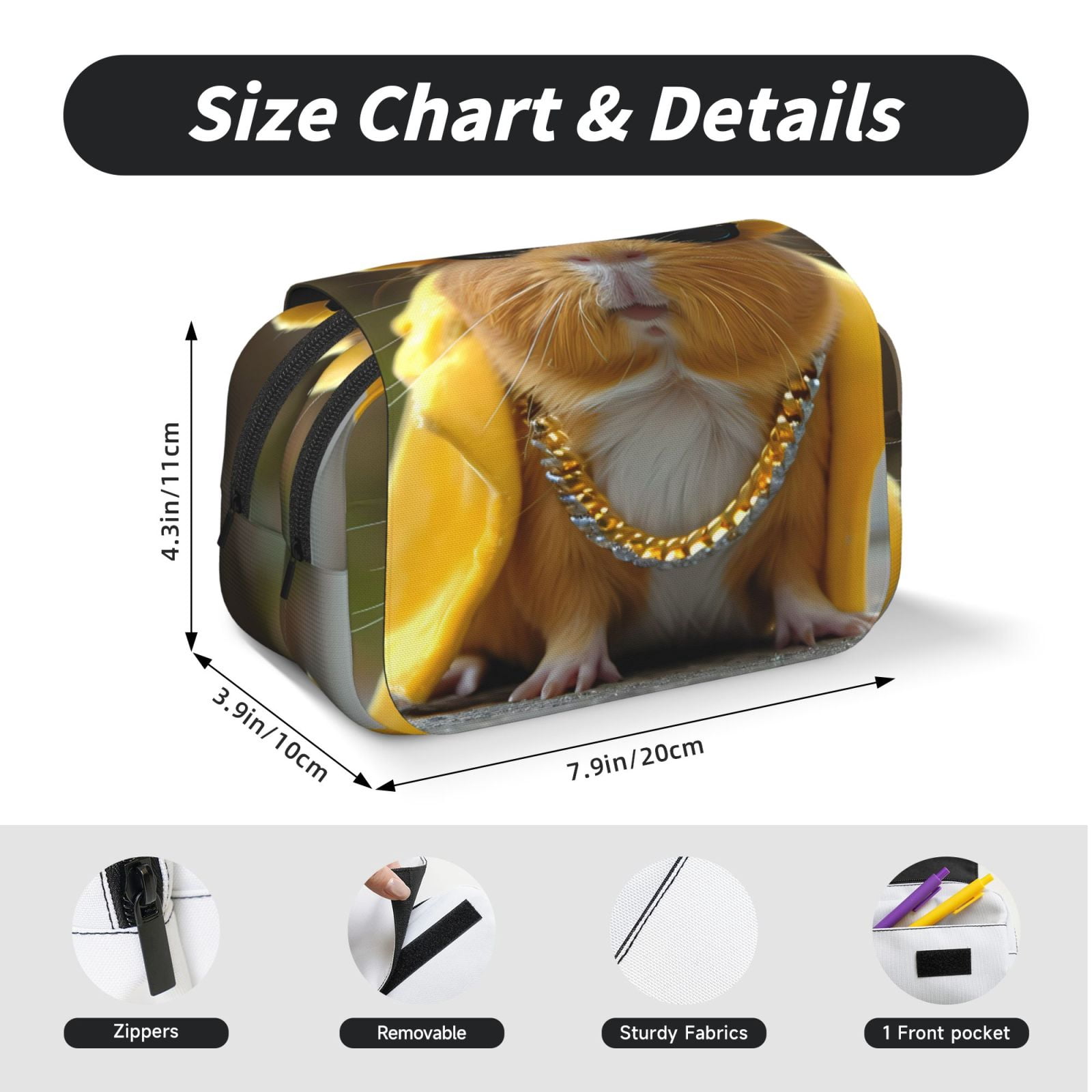 Rateoe Heavy Metal Style Guinea Pig Pattern Double Clamshell Pen Case, Storage Organizer with Two Zipper Compartments– Holds Up to 50 Pencils & Pens