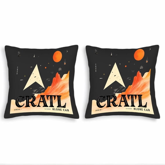 Set of 2 Decorative Throw Pillow Covers 18x18in - Black Background with Orange Moon Stylized Arrow and Abstract Mountain Waves Design