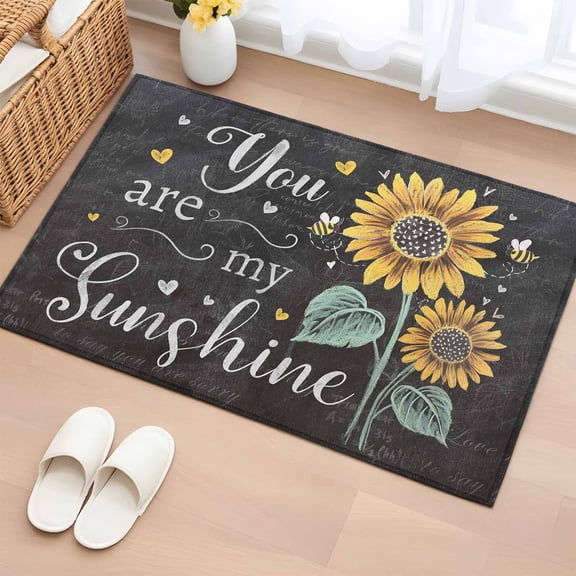 Sunflower Farmhouse Bathroom Rug Washable 2x3 Entryway Rug Non Slip Summer Botanical Floral Black Front Door Mat Low Pile Indoor Doormat Throw Floor Carpet for Kitchen Bedroom Entrance