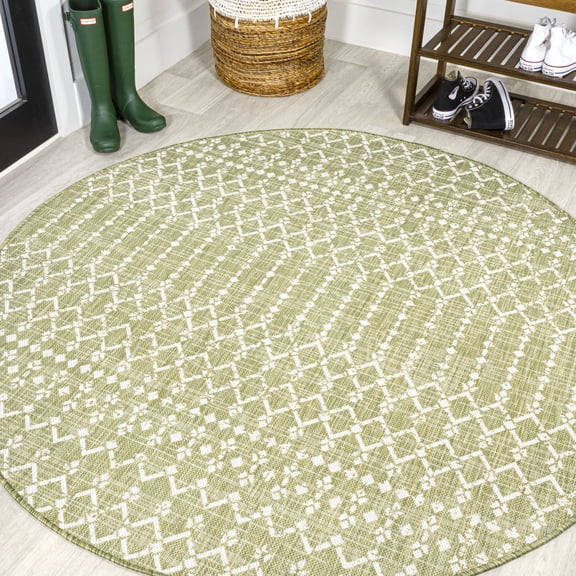 JONATHAN Y SANTA MONICA 5' Round Area Rug, Ourika Moroccan Geometric Textured Weave - Light Green/Cream, SMB108N-5R