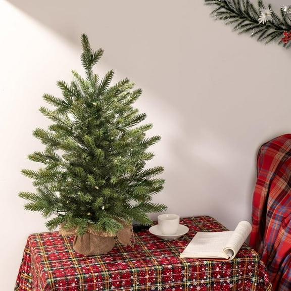 18Inch Pre-Lit Tabletop Christmas Tree, Small Artificial Fir Tree withWarm White LED Lights, PVC & PE Branch Tips, Burlap Base, Battery Operated Mini Xmas Tree for Home Office Decoration