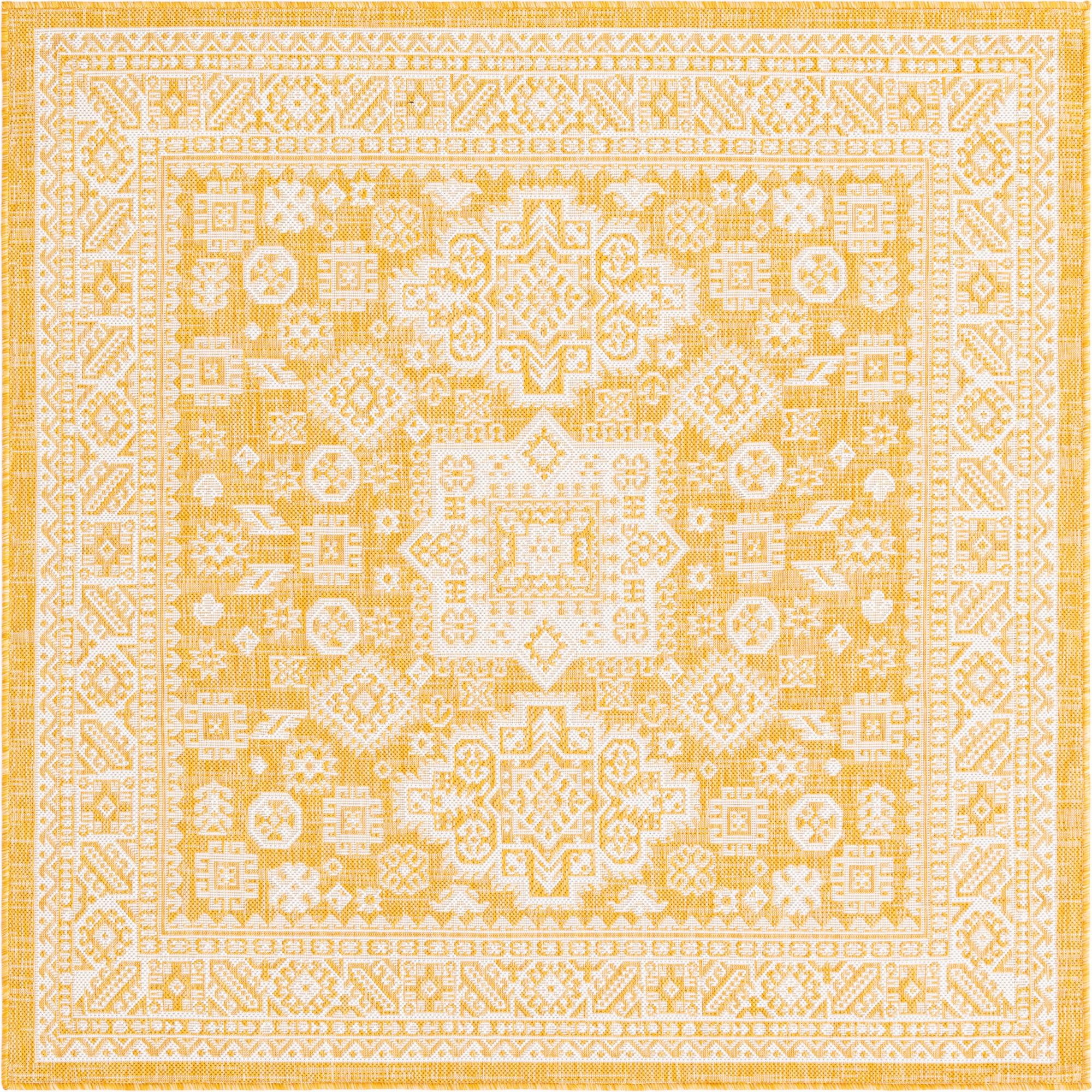 Rugs.com Outdoor Aztec Collection Rug – 5 Ft Square Yellow Flatweave ...
