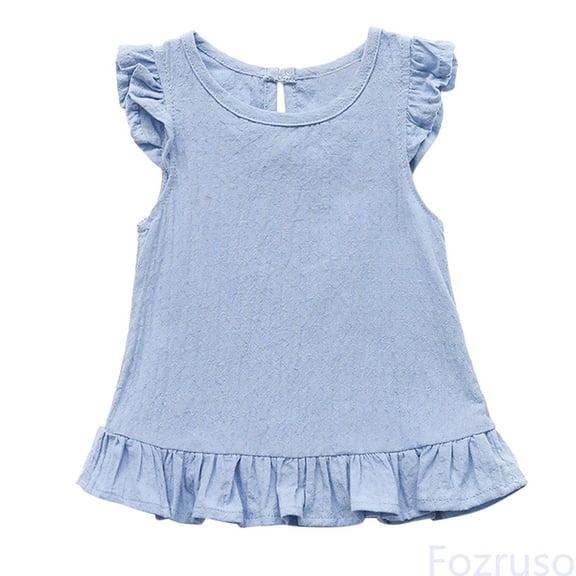 Fozruso Baby Kids Solid Tops Cotton Clothes Sleeve Fly Color Blouse Ruffle Girl Girls Tops School Casual,Sizes 18-24 Months Blue