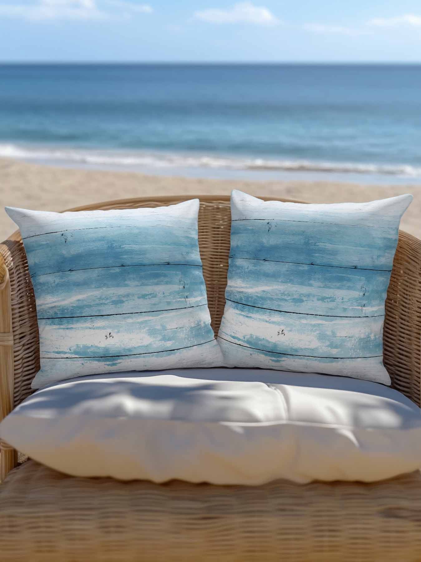 1 Pack Outdoor Throw Pillow, Summer Blue Ocean Waterproof Pillow with Insert Included, Farmhouse Wooden Grain Modern Art Decorative Accent Cushion Sofa Pillows for Patio Porch, 16 x 16 In
