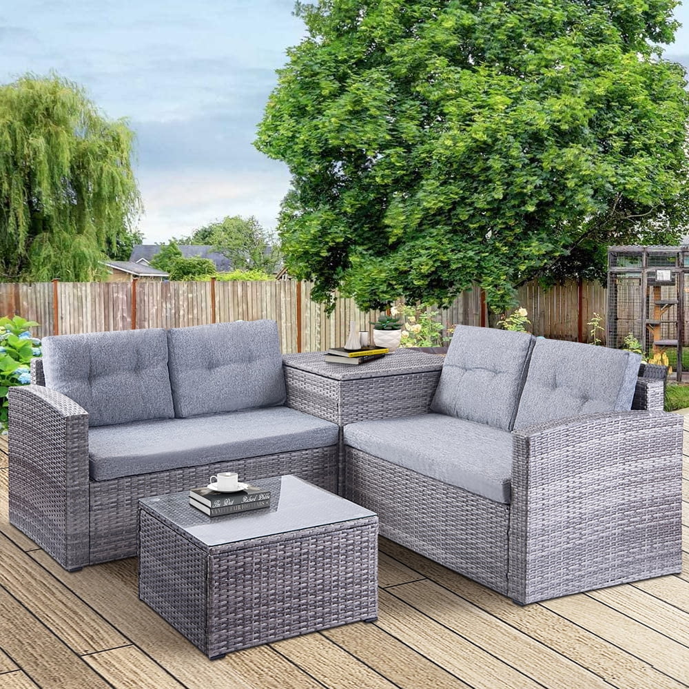 4 PCs Outdoor Garden Patio Furniture Set, Rattan Table, and Sofa