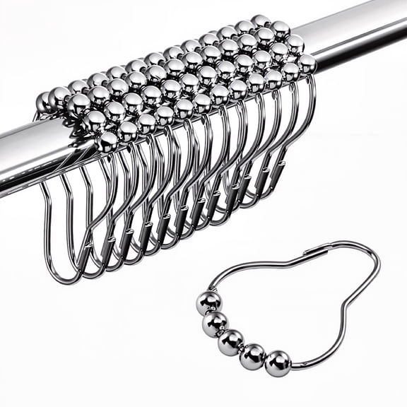 Shower Curtain Hooks, Decorative Rust Proof Stainless Steel Shower Curtain Hooks for Bathroom Shower Rods Set of 12, Polished Nickel