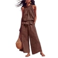 thumbnail image 3 of Women's Linen 2 Piece Outfits Boho Ruffle Sleeveless Tank Tops Baggy Wide Leg Pants Summer Casual Beach Vacation Sets, 3 of 7